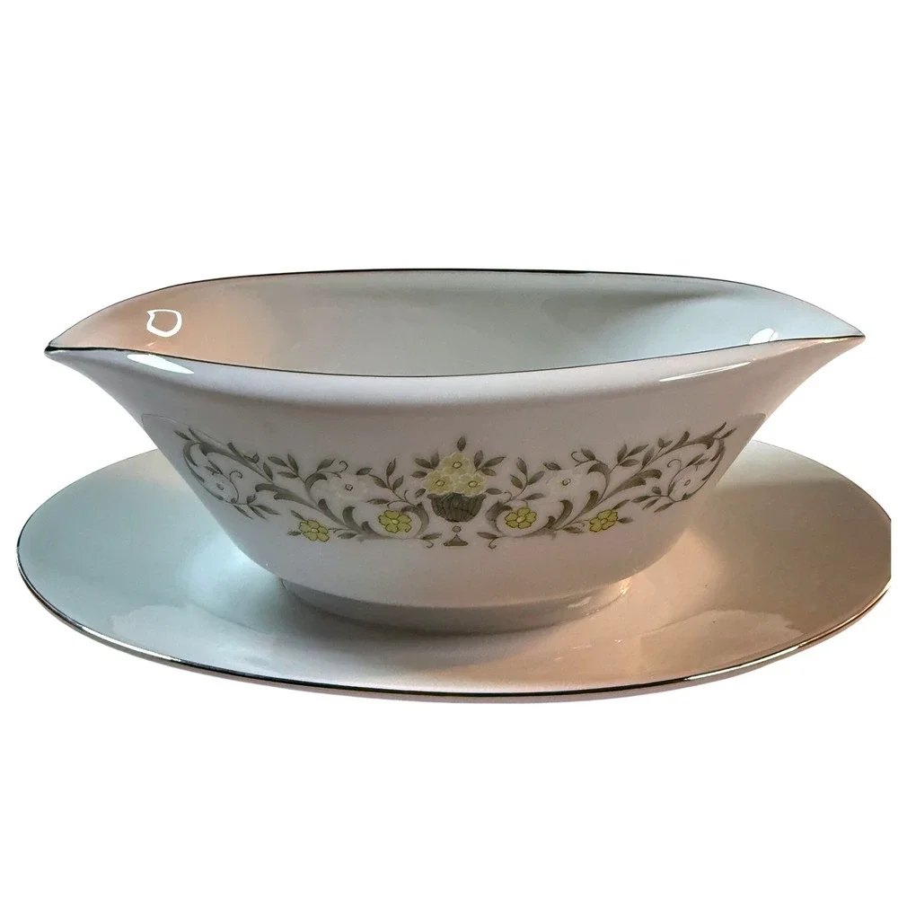 Vintage Sterling Fine China Florentine Gravy Boat Underplate Floral Japan MCM